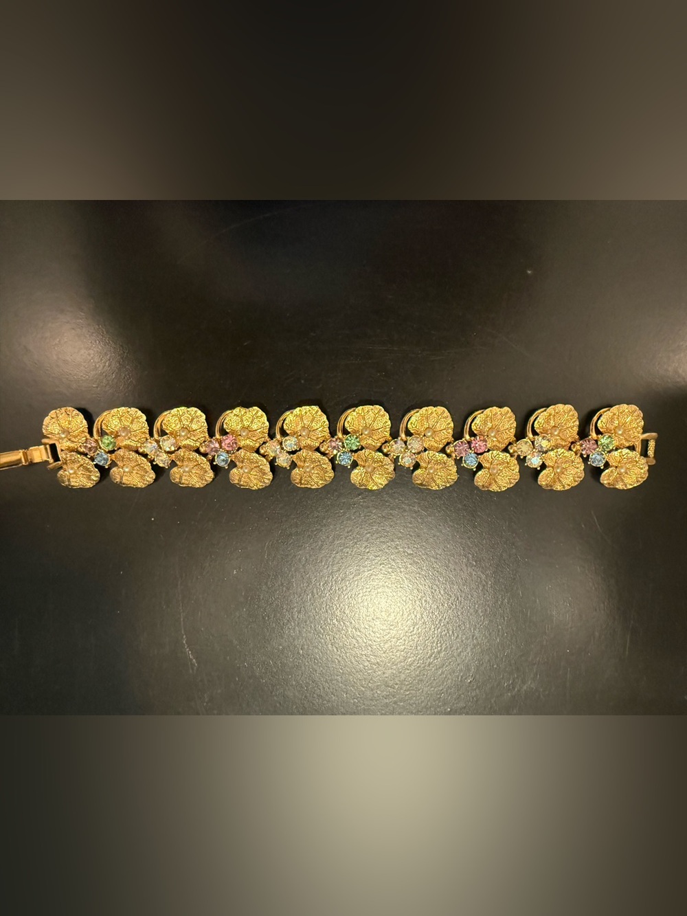 Textured Ginkgo Leaf Pastel Rhinestones Gold Floral Crystal Bracelet